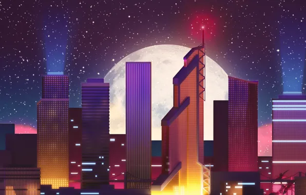 Picture Night, The city, Stars, The moon, Neon, Skyscrapers, Building, Background, Electronic, Synthpop, Darkwave, Synth, Retrowave, …