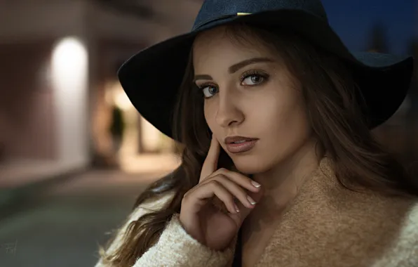 Picture look, night, lights, background, model, portrait, hat, makeup, hairstyle, brown hair, beauty, bokeh, Sergey Fat