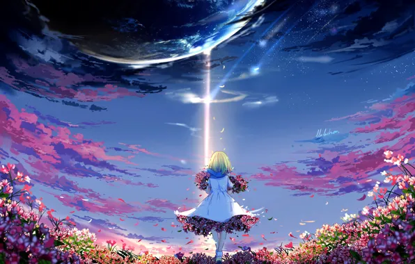 Picture flowers, planet, anime, art, girl