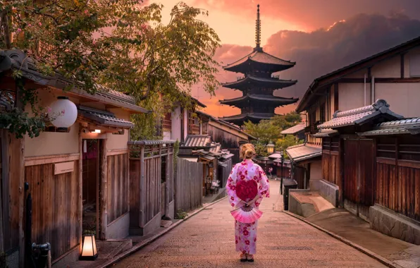 Picture girl, sunset, the city, street, Japanese, Japan, houses, pagoda, Japan, Kyoto, Kyoto, fences