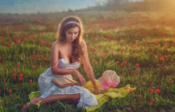 Picture girl, flowers, mood, meadow, art, book, Evgeny Loza