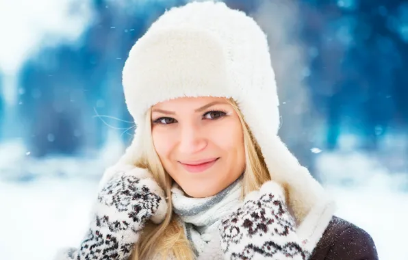 Picture winter, look, snow, face, smile, background, hat, portrait, makeup, scarf, blonde, white, fur, coat, mittens, …