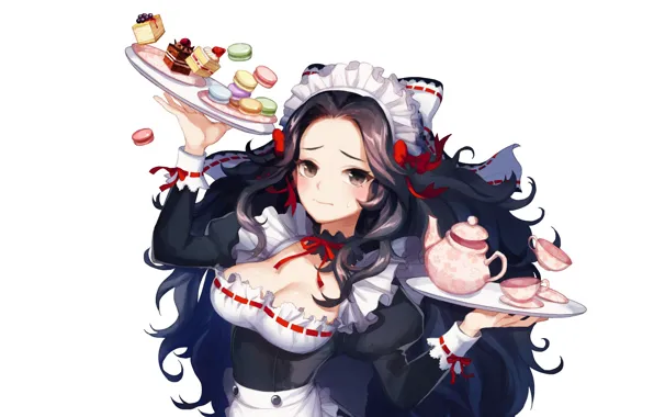 Picture kettle, neckline, white background, uniform, the maid, tray, ruffles, bezel, lush hair, red ribbon, cake, …