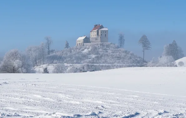 Picture winter, snow, house, castle, Germany, hill, Waldburg