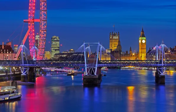 Picture night, bridge, lights, England, London, Ferris wheel