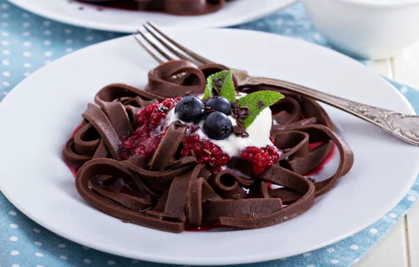Picture berries, raspberry, chocolate, ice cream, mint, dessert, wood, sweet, napkin, chocolate paste