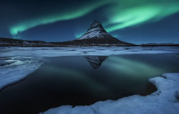 Picture winter, water, stars, snow, night, Northern lights, Iceland, mountain Kirkjufell