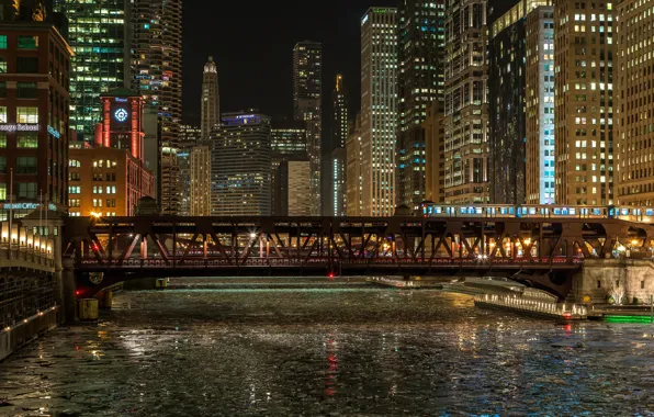 Picture winter, night, bridge, lights, river, train, home, ice, Chicago, lights, USA