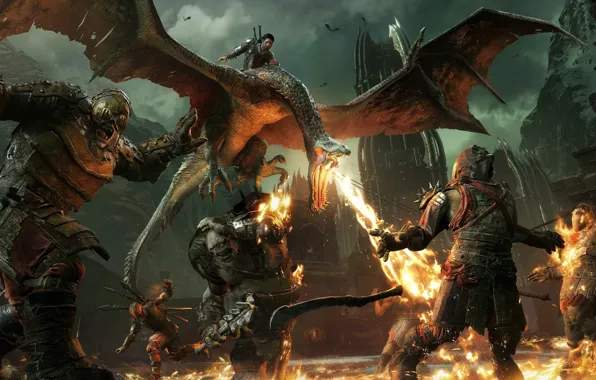 Picture fire, flame, game, armor, man, dragon, warrior, spark, Middle-earth Shadow of War, trll, Nazgûl