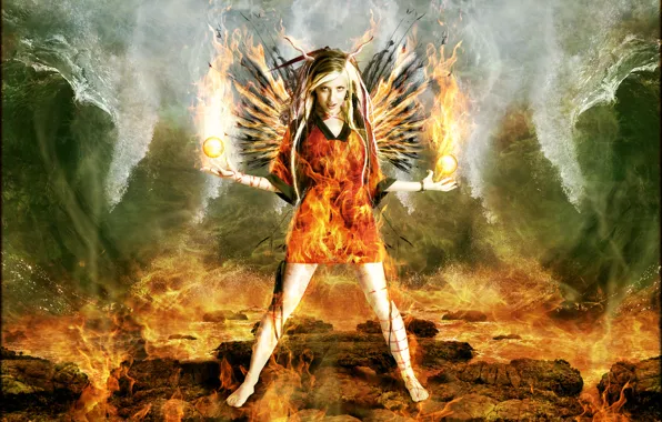 Picture wave, girl, balls, fire, horns, Digital Art, brandrificus, the fiery angel, firestarter full scene