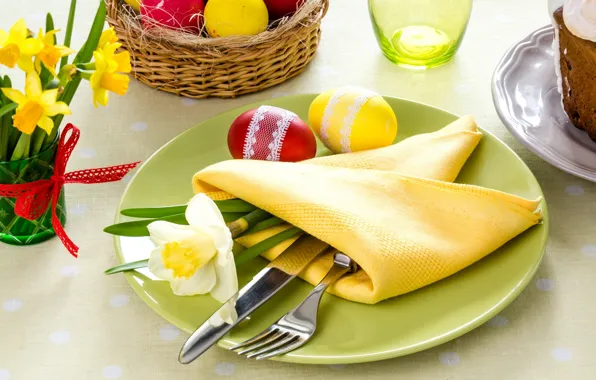 Picture plate, Easter, knife, plug, napkin, Narcissus, serving
