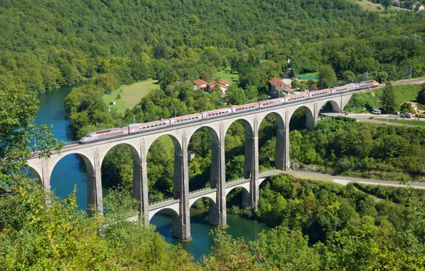 Picture forest, bridge, river, France, train, France, viaduct, The River Ain, Viaduct PPE Roloson, Ain River, …