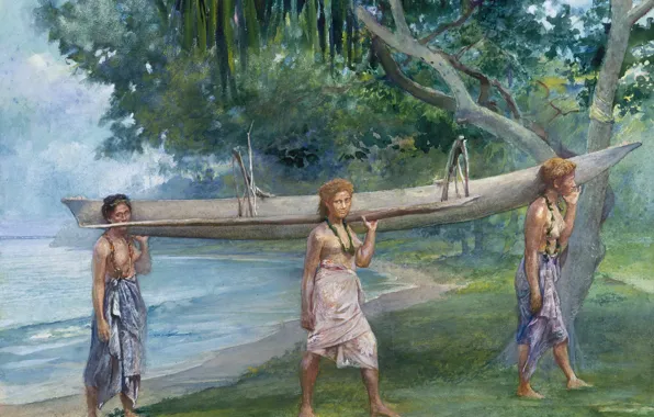 Picture figure, watercolor, Girls carrying a canoe, John La Farge, Vaiala in Samoa