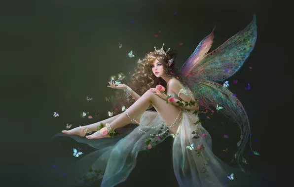 Picture girl, flowers, butterfly, fairy, art, fairy, fake, ruoxin zhang, fantasy