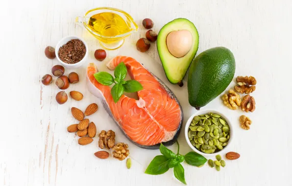 Picture food, fish, nuts, fish, spices, avocado, avocado, Basil, olive oil, nut