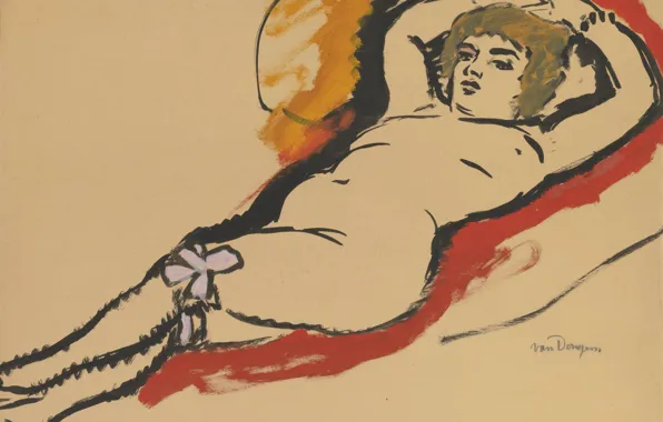 Picture Kees van Dongen, Reclining Nude, paper on panel, romantic Fauvism, gouache and ink