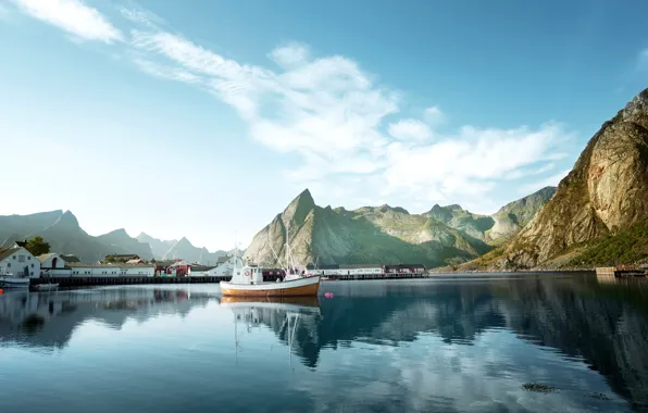 Picture mountains, rocks, home, Bay, boats, Norway, boat, piers, The Lofoten Islands, Lofoten