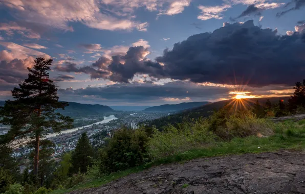 Picture clouds, trees, sunset, mountains, slope, Norway, panorama, Norway, Drammen, Drammen