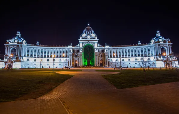 Picture night, lights, tree, the building, backlight, Architecture, Kazan, Tatarstan, The Palace Of Farmers
