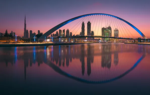 Picture light, bridge, the city, lights, reflection, the evening, Dubai, UAE