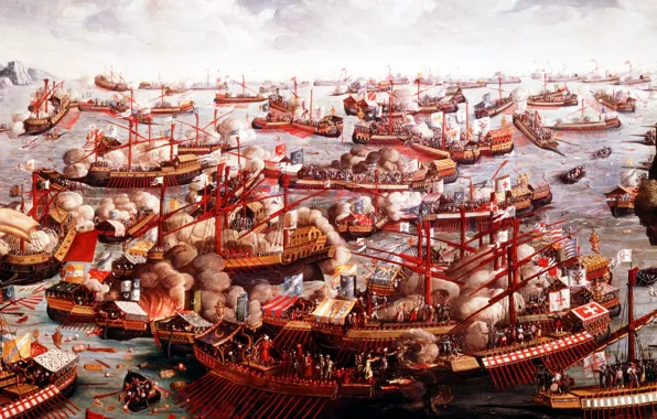 Picture fire, beach, explosions, ships, fort, navy, squadron, shots, Ottoman Empire, cannons, October 1571, Holy League, …