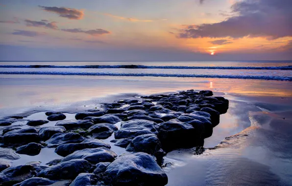 Picture sea, sunset, stones, coast, Wales, Wales