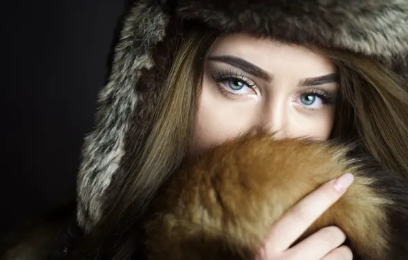 Picture look, girl, background, hat, portrait, makeup, fur, brown hair