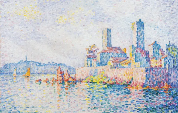 Picture sea, landscape, the city, picture, Paul Signac, pointillism, Antibes. Tower
