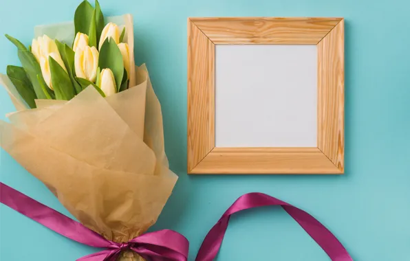 Picture flowers, bouquet, frame, tape, tulips, yellow, flowers, romantic, tulips, spring