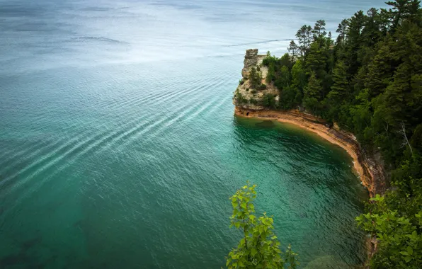 Picture trees, lake, stones, rocks, shore, USA, the view from the top, Pictured Rocks National Lakeshore