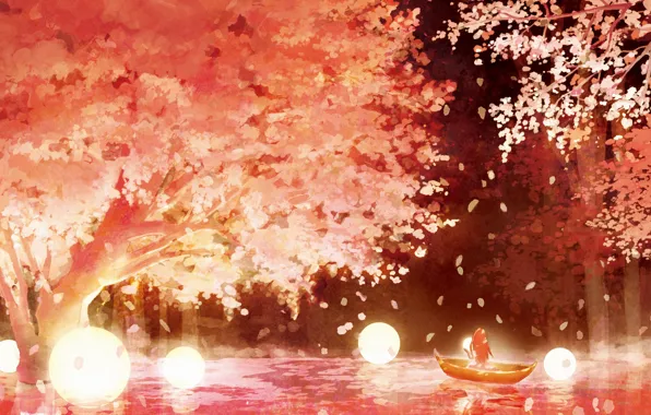 Picture girl, night, nature, boat, spring, Sakura, glowing ball