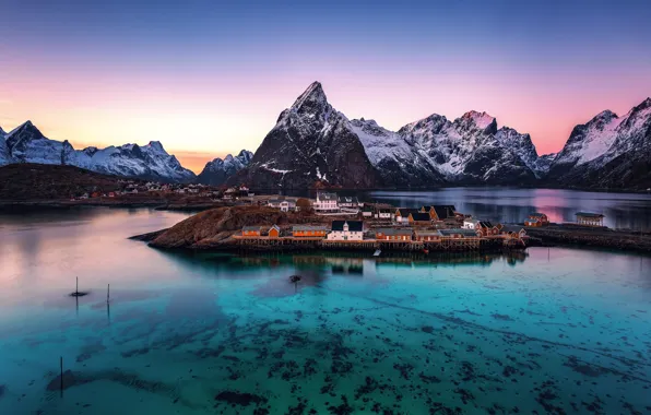 Picture transparency, the evening, morning, Norway, town, the village, the fjord, The Lofoten Islands