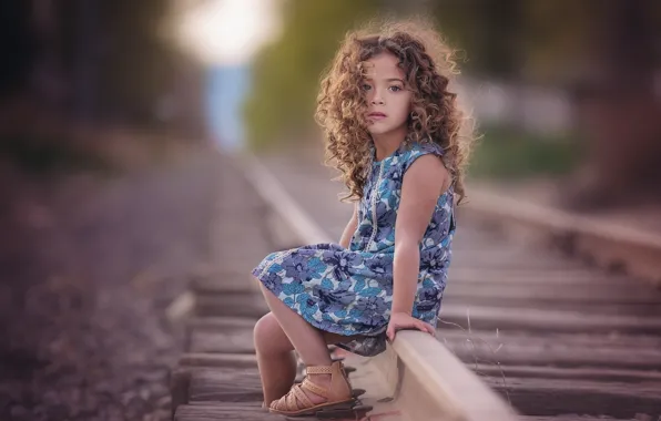 Picture road, face, hair, rails, child, dress, girl, curls