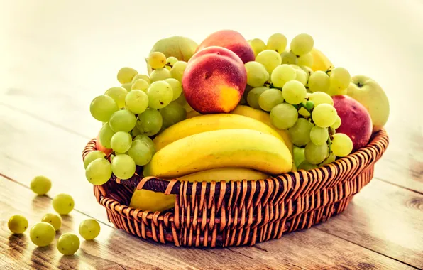 Picture apples, grapes, bananas, fruit, basket, peaches, bokeh
