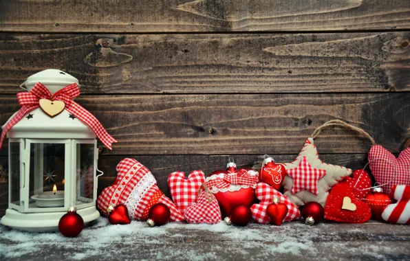 Picture decoration, toys, New Year, Christmas, lantern, balls, heart, wood, snow, merry christmas, decoration, xmas