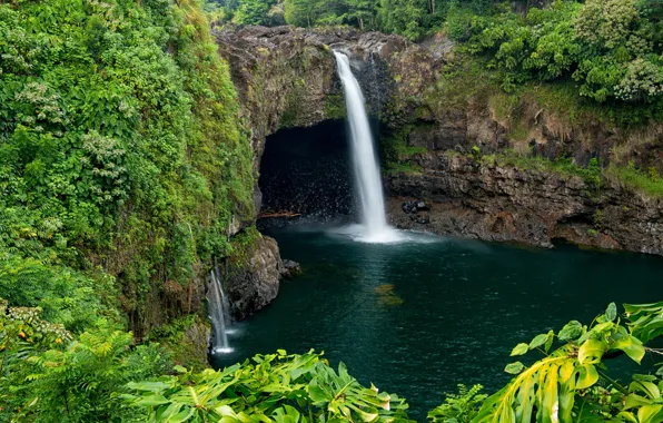 Picture greens, rock, tropics, stones, waterfall, Hawaii, Hilo, Wailuku River State Park