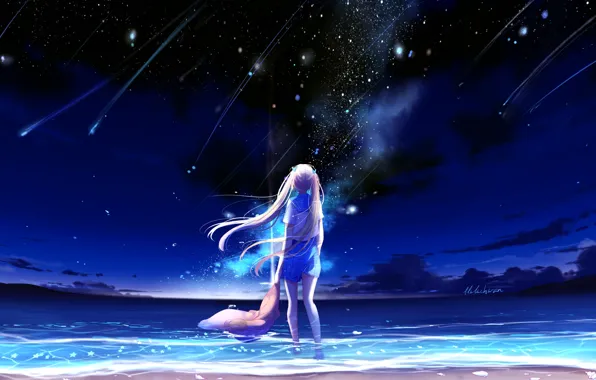 Picture sea, the sky, night, schoolgirl, shooting stars, by lluluchwan