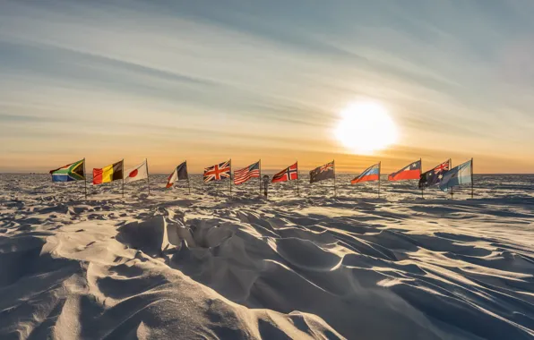 Picture Sunrise, flags, antarctica, South Pole