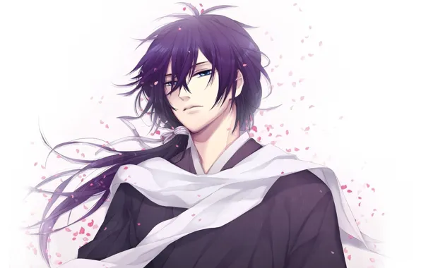 Picture petals, scarf, samurai, guy, kimono, long hair, sad, Demons pale cherry, Saitou Hajime, Hakuouki Shinsengumi …