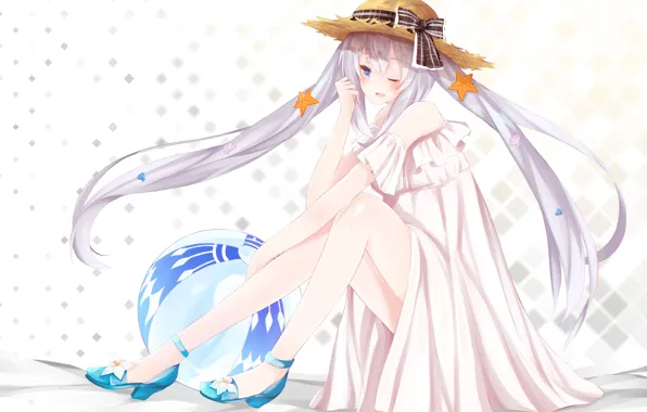Picture girl, anime, art, hat, white dress, Fate / Grand Order