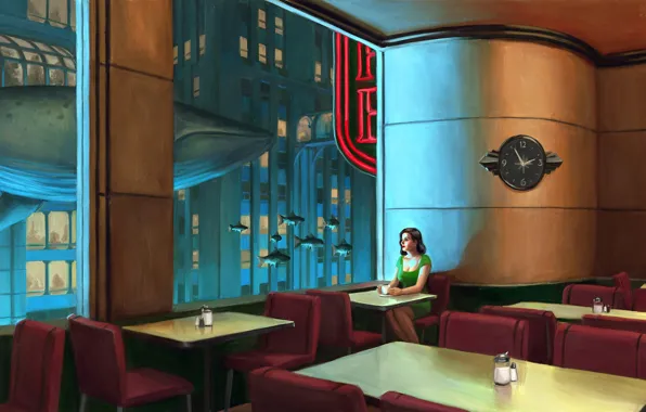 Picture girl, the city, house, coffee, fish, art, kit, bioshock, Rapture