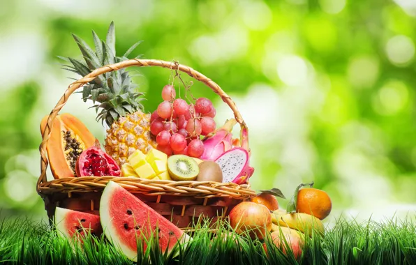 Picture summer, grass, basket, Apple, watermelon, kiwi, grapes, pear, fruit, mango, pineapple, banana, blur, vitamins, garnet, …