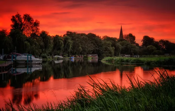 Picture trees, river, England, glow, Nottinghamshire