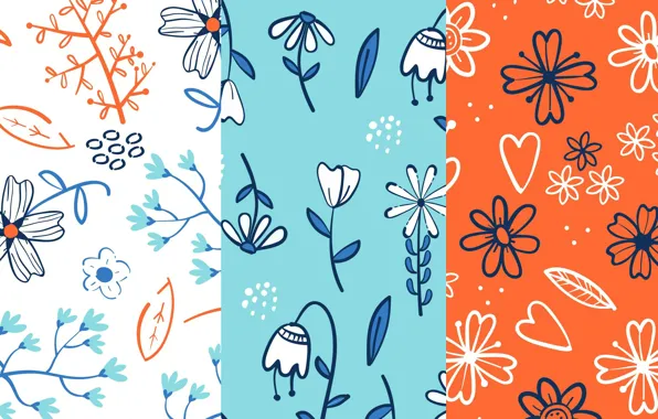 Picture flowers, blue, texture, orange background, patterns, floral