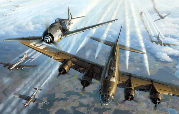 Picture Boeing, B-17, Fw 190, Focke-Wulf, Flying Fortress, single-engine piston fighter monoplane, four-engine heavy bomber