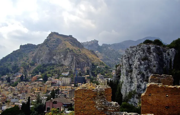 Picture mountains, home, Italy, ruins, Sicily, Taormina