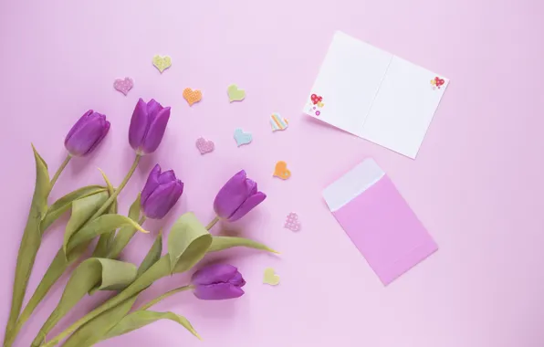 Picture flowers, gift, bouquet, hearts, tulips, love, fresh, flowers, romantic, hearts, tulips, spring, purple, with love