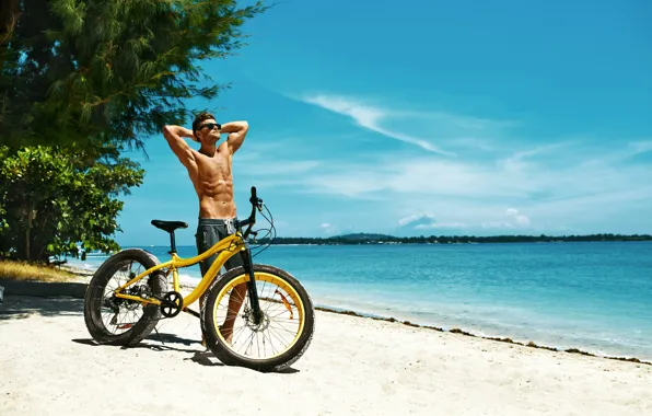 Picture sand, sea, beach, the sun, trees, bike, pose, coast, shorts, figure, glasses, sports, guy, torso, …