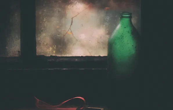 Picture sadness, autumn, bottle, key, window
