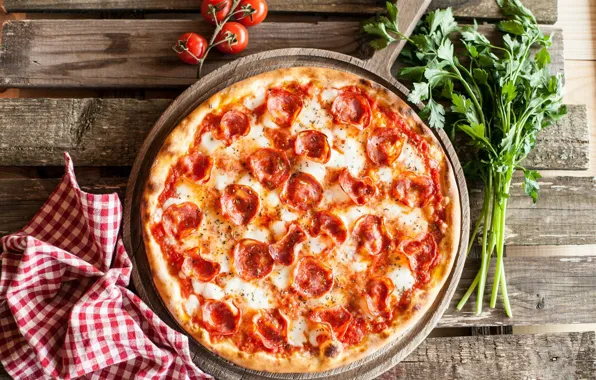 Picture food, cheese, pizza, parsley, sausage, pizza, spices, filling, tomato, tomatoes-cherry